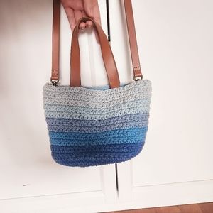 Soludos Blue Woven Bucket Bag Leather Crossbody Handheld Purse
